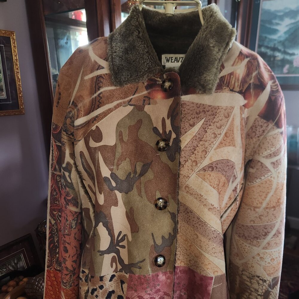 WEAVZ Vegan Suede Patchwork Boho Jacket S — Faux Fur Collar & Trim, Button Front